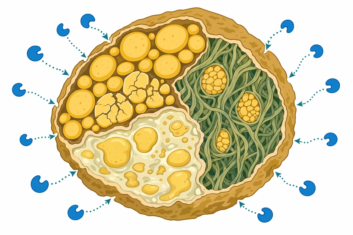 Feed processing and matrix structure determine how much starch is physically accessible to alpha-amylase.