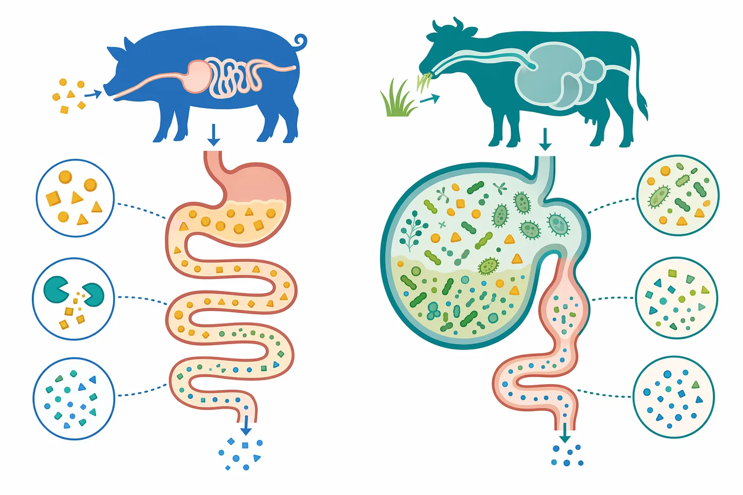 Amylase action is simpler in monogastric digestion and more system-dependent in ruminants because starch first interacts with rumen microbes.