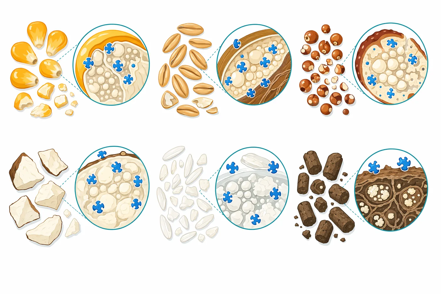 Different grains and by-products vary in starch level, processing history, particle size, and enzyme accessibility.
