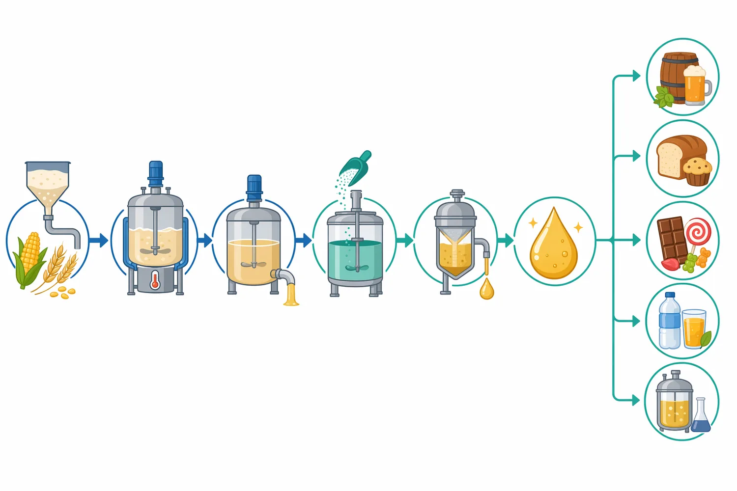 In brewing and distilling, starch opening, alpha-amylase liquefaction, beta-amylase maltose formation, and yeast fermentation act as linked process stages.