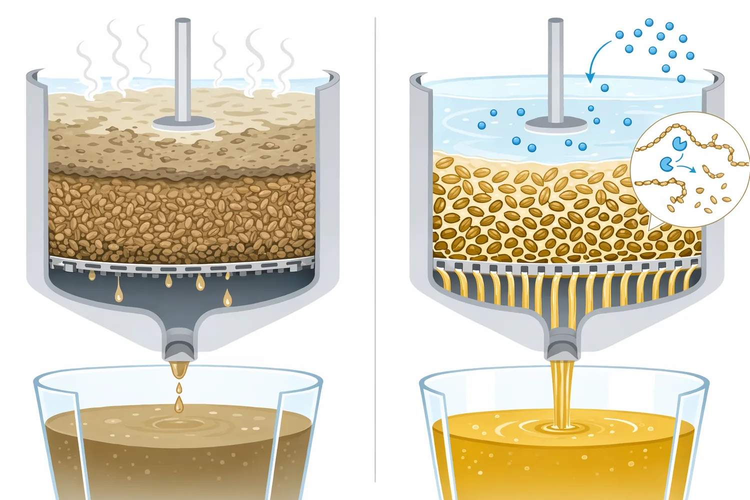 Beta-glucanase, amylases, proteases, and xylanases act on different brewing substrates and solve different process problems.