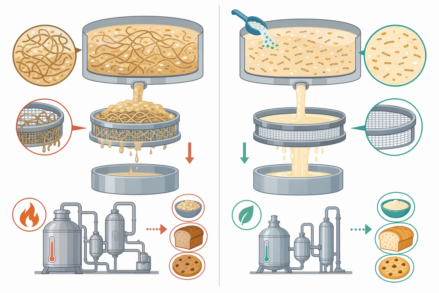 Compared with heat-intensive or untreated processing, beta-glucanase treatment lowers viscosity and improves filtration and extract recovery.