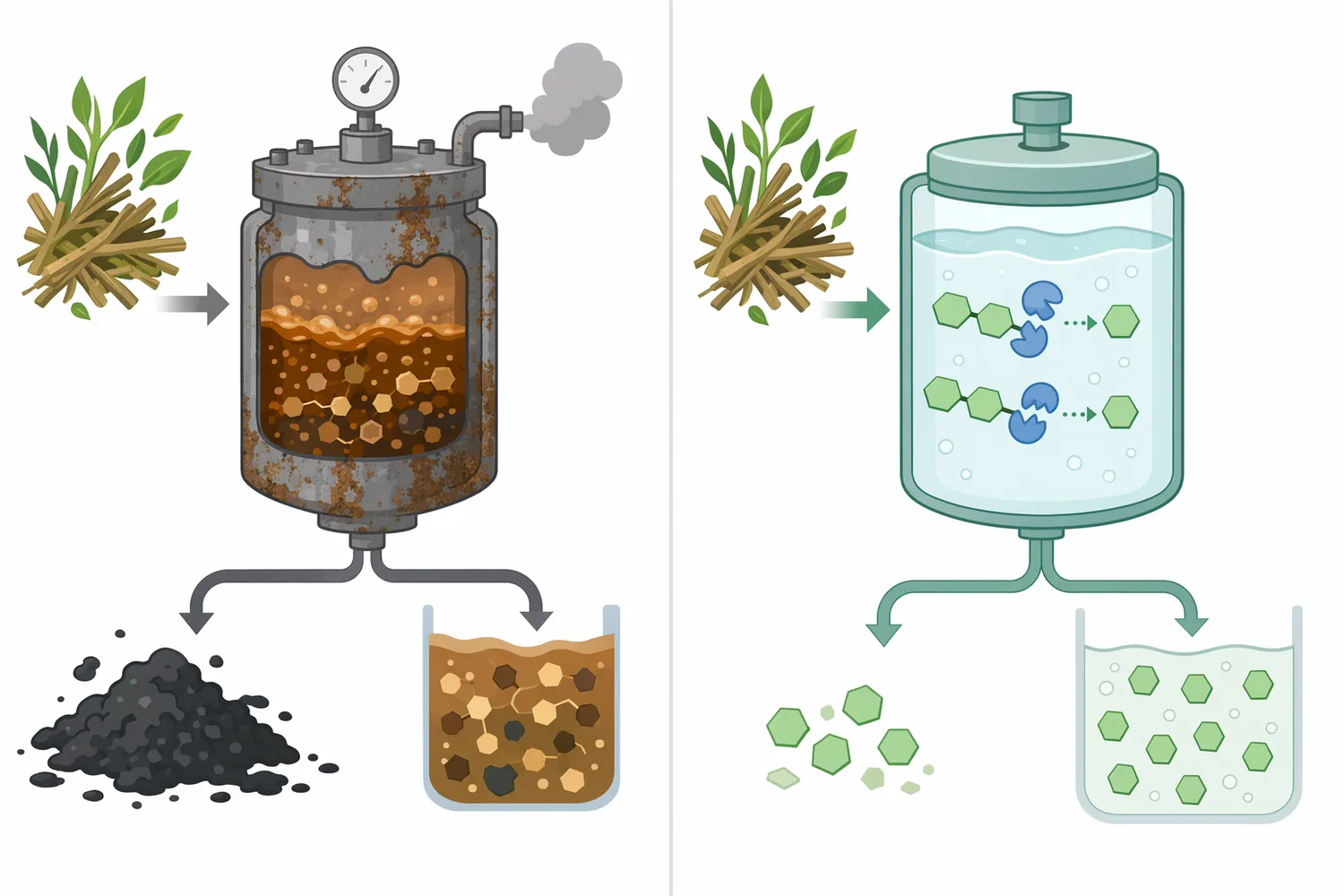 Compared with acid hydrolysis, beta-glucosidase-assisted processing operates under milder conditions and improves glucose yield by converting cellobiose.