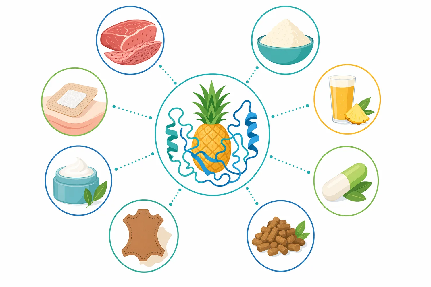 Relevant bromelain substrates include meat proteins, collagen-rich matrices, plant proteins, dairy proteins, and soluble protein systems.
