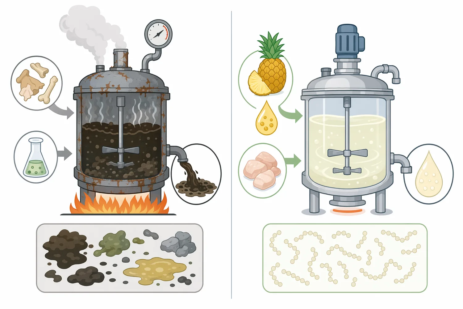 Bromelain hydrolysis is a biological protein-breakdown route that differs from other proteases, acid hydrolysis, alkaline hydrolysis, and heat-only treatment.