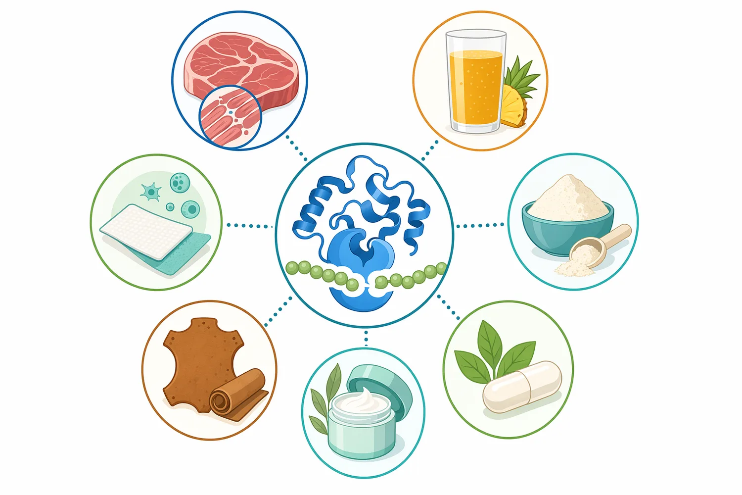 The same protein-cleaving activity supports meat tenderization, protein hydrolysates, digestive-enzyme supplements, cosmetic exfoliation and specialized topical protein-removal research.