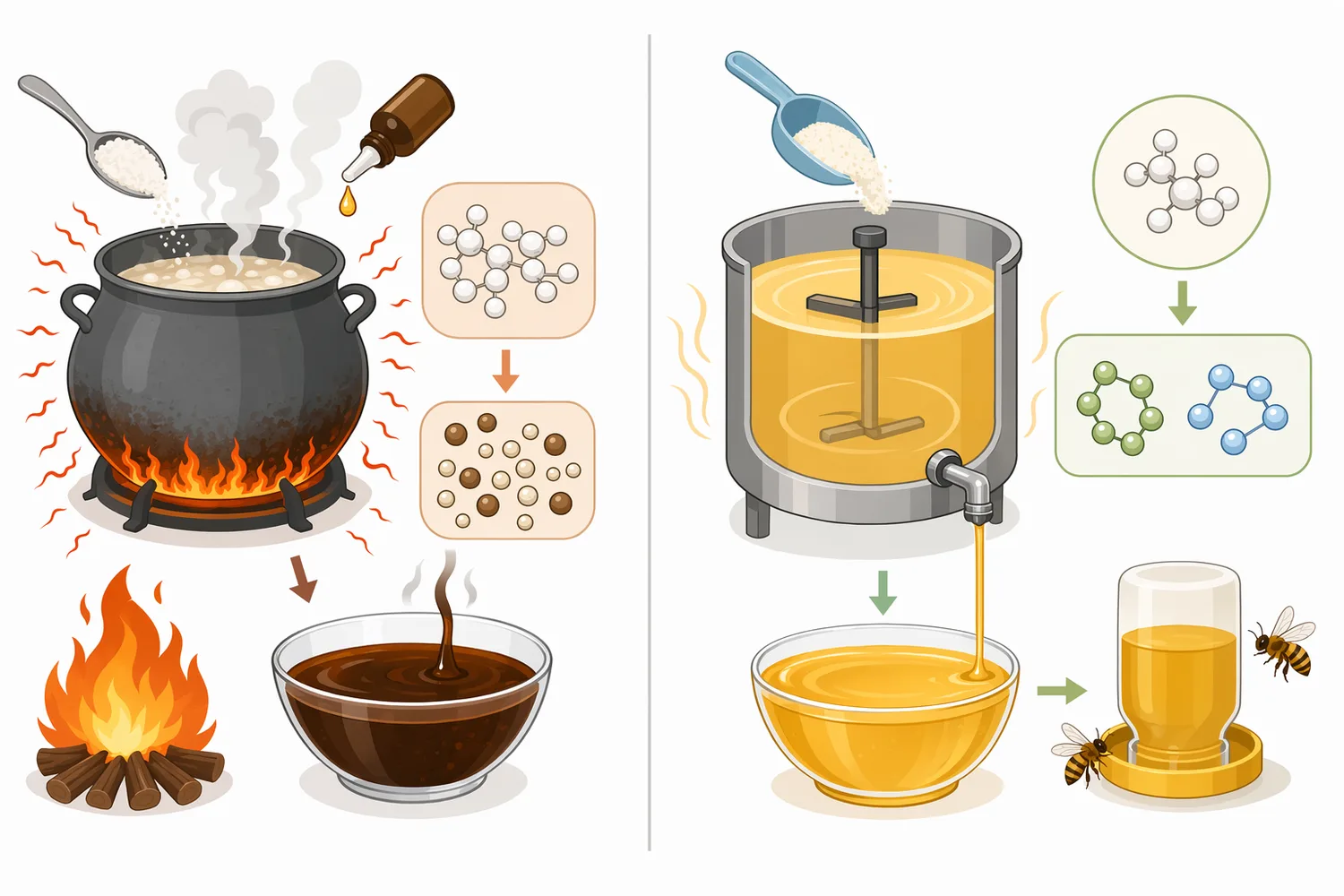Acid inversion, enzymatic inversion, and no pre-inversion differ mainly in what drives sucrose cleavage and how selectively the syrup is processed.