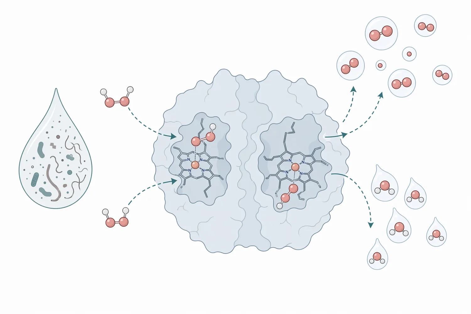 Catalase cycles its active site so that two hydrogen peroxide molecules are converted into two water molecules and one oxygen molecule.