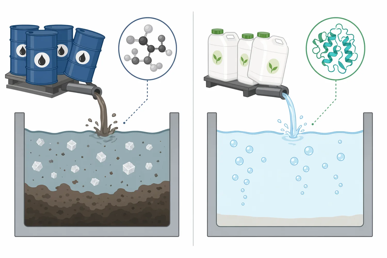 Catalase differs from sulfite-type quenching because the peroxide-removal reaction produces water and oxygen rather than neutralizer-derived dissolved residues.