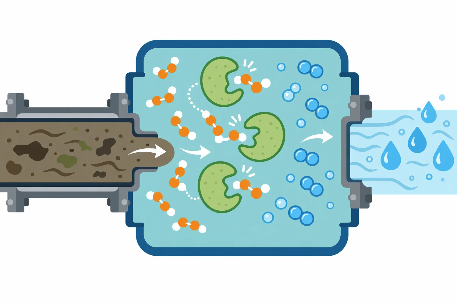 Catalase decomposes residual hydrogen peroxide in industrial effluent into water and oxygen without adding a stoichiometric neutralizing chemical.