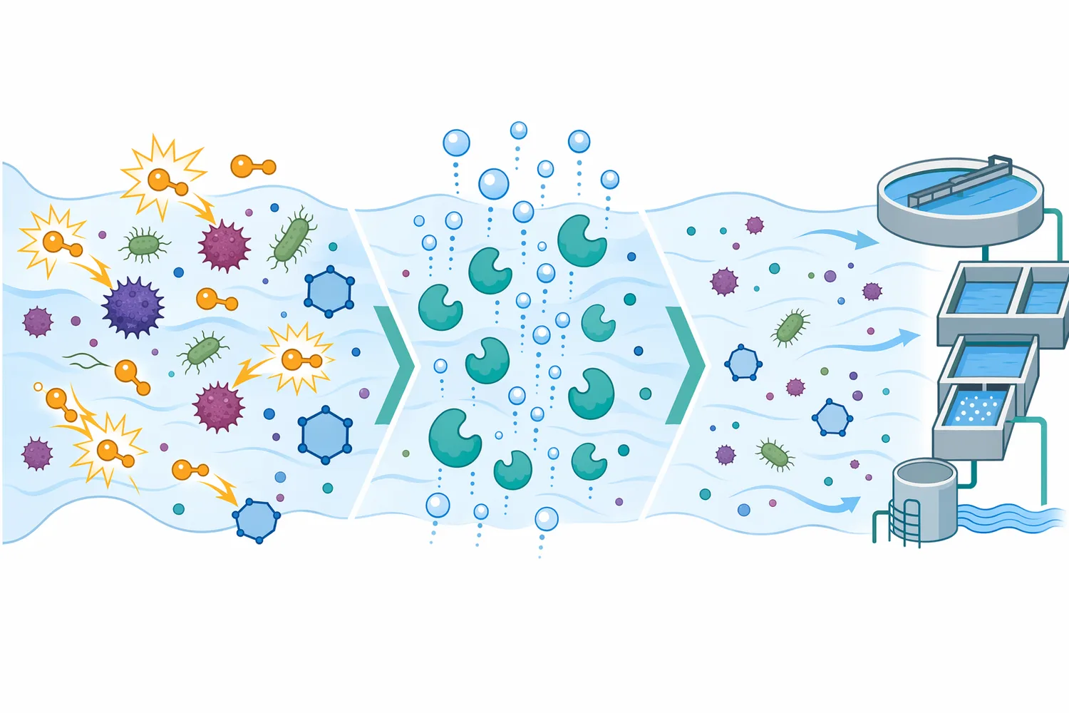 Catalase removes the residual oxidizing capacity of hydrogen peroxide, releases oxygen, and does not by itself remove other wastewater pollutants.