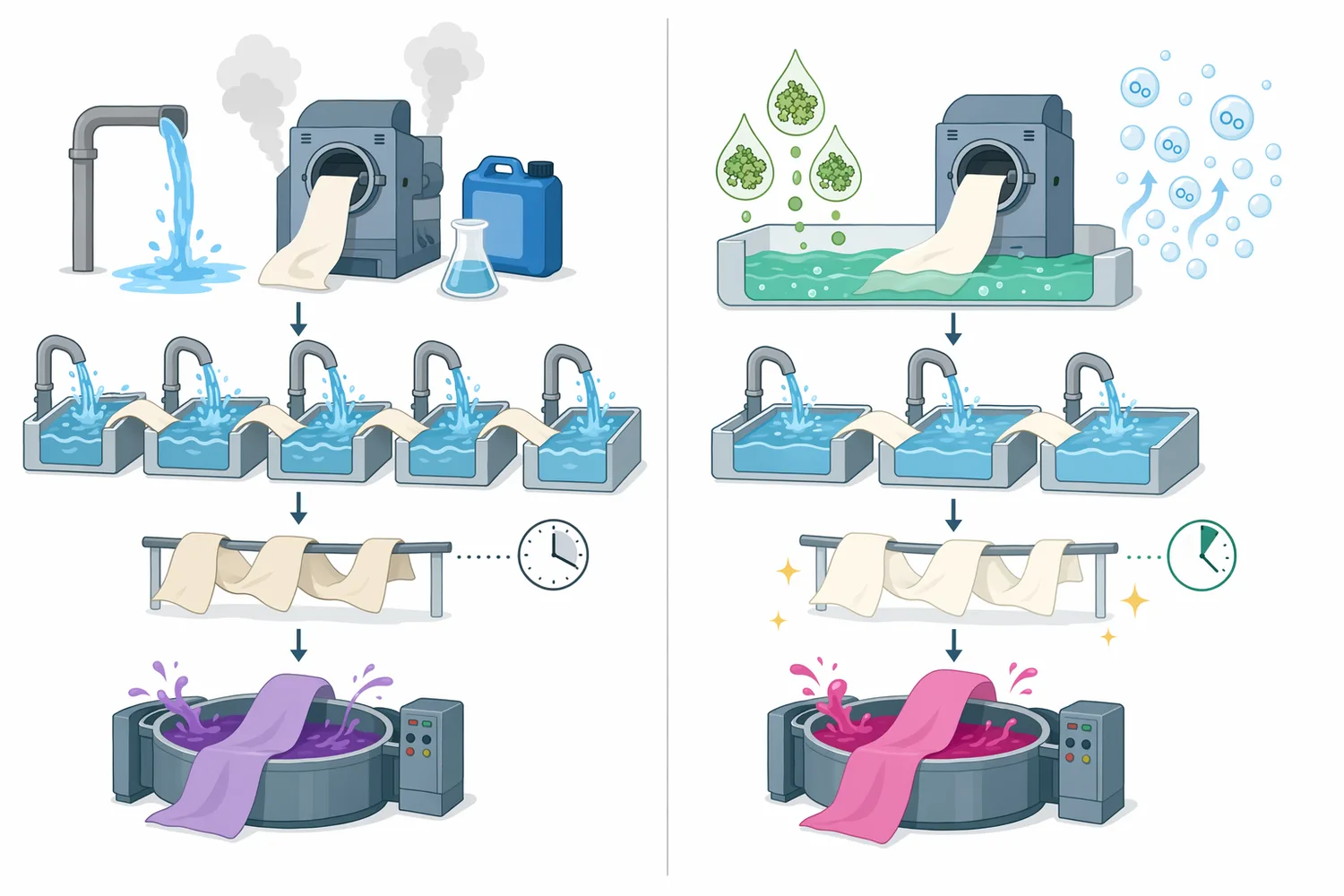 Compared with repeated rinsing or chemical reduction, catalase removes peroxide under milder conditions with less water and shorter processing time.