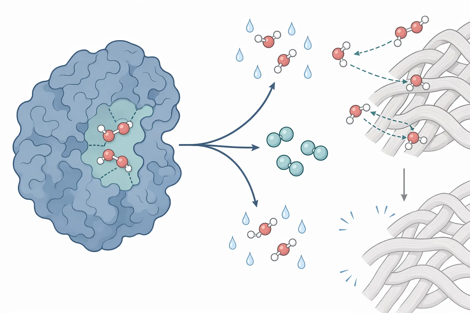 Catalase decomposes residual hydrogen peroxide by converting two molecules of hydrogen peroxide into water and oxygen.
