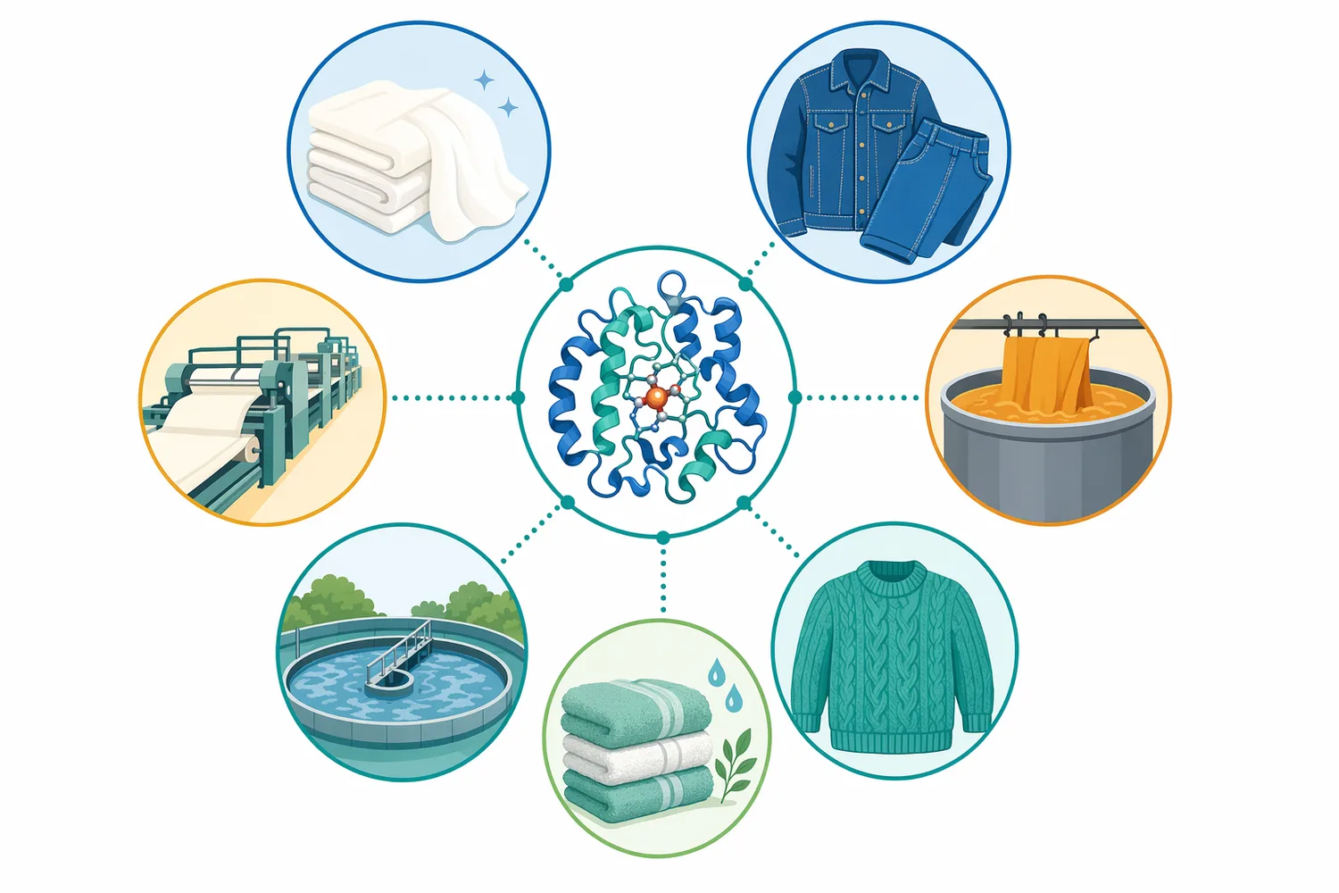 Catalase is most relevant for cotton and cellulosic goods after peroxide bleaching, especially before reactive dyeing or controlled finishing.