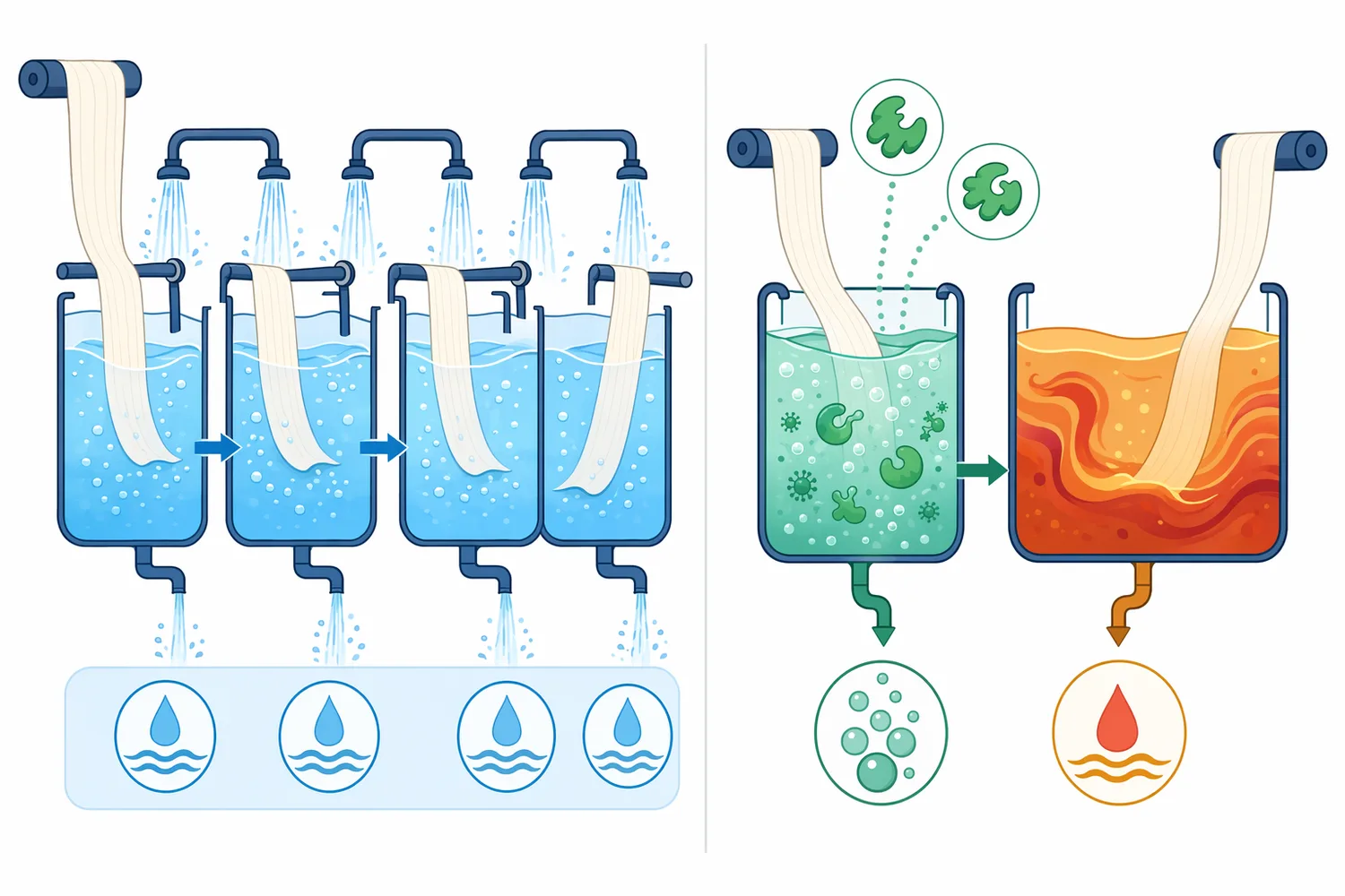 By decomposing peroxide directly, catalase can reduce dependence on repeated rinse-only peroxide removal where peroxide is the main reason for extended washing.