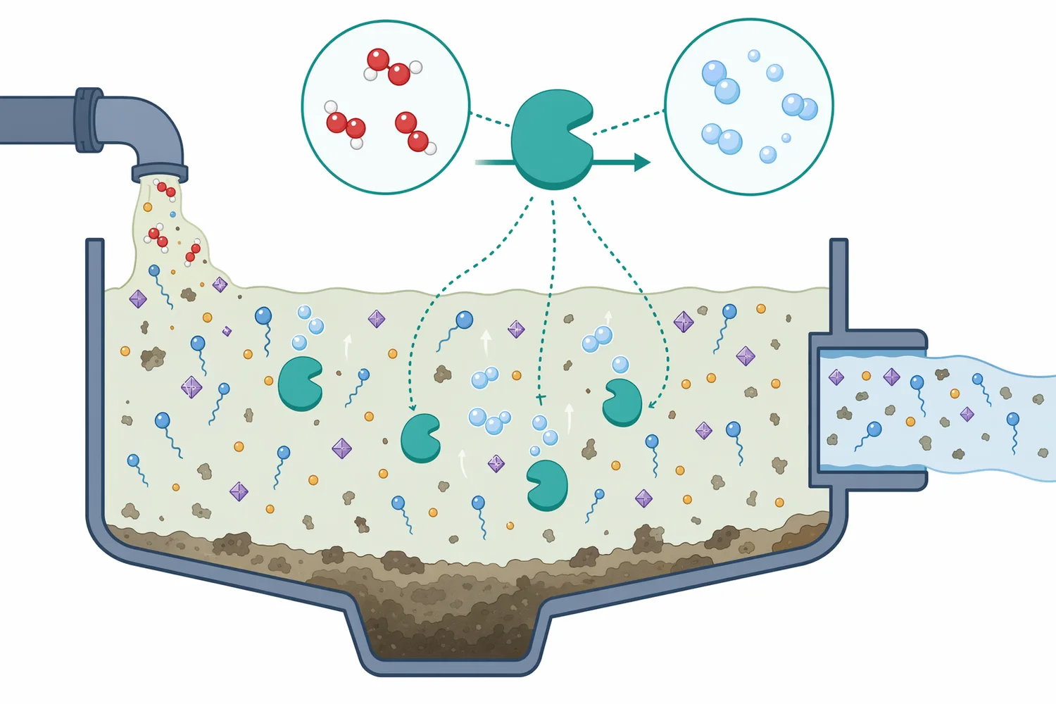 In wastewater contexts, catalase can control residual hydrogen peroxide but does not replace broader treatment for color, salts, solids, or organic load.
