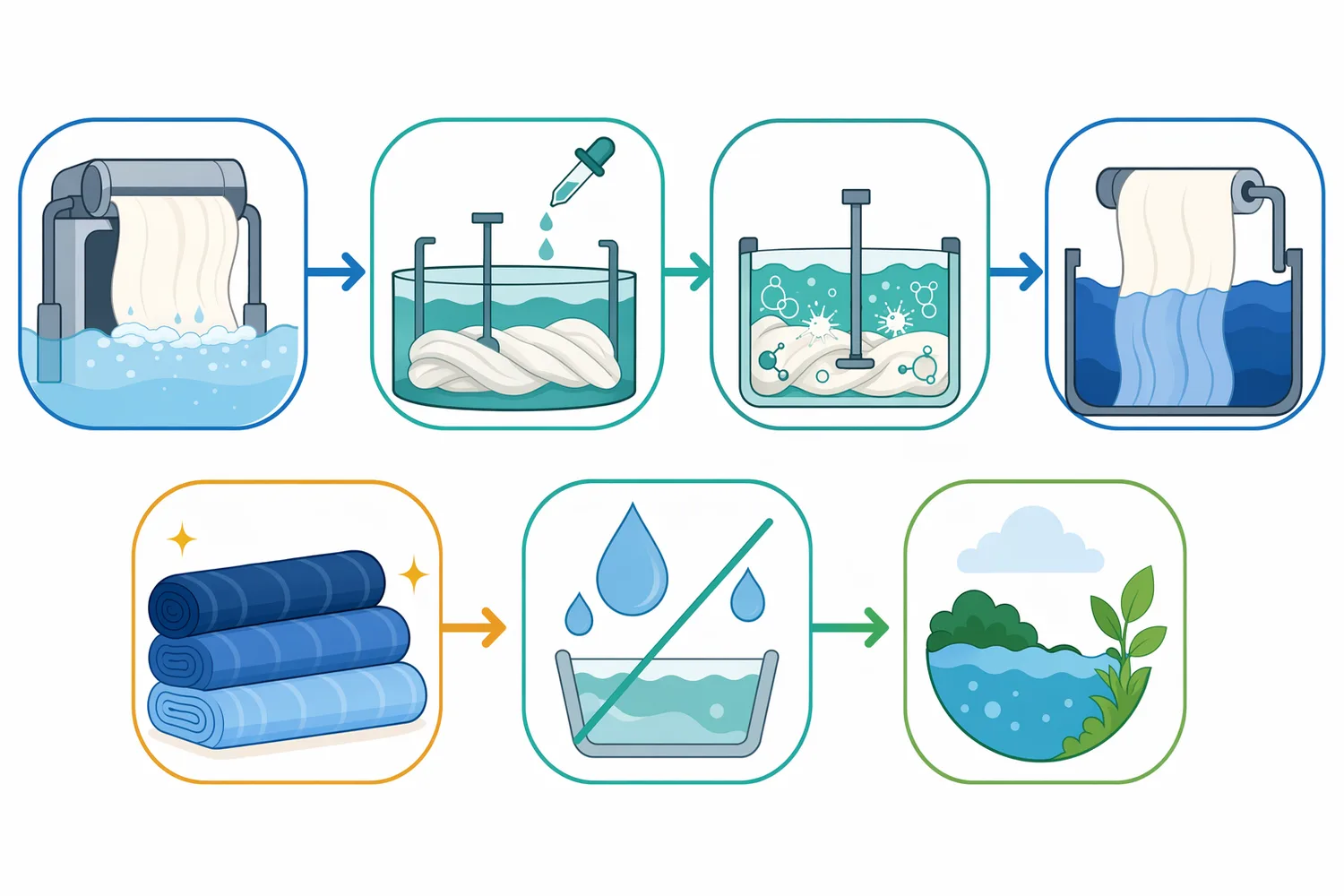 Catalase is positioned after peroxide bleaching and before dyeing, finishing, or wastewater handling to reduce oxidant carryover.