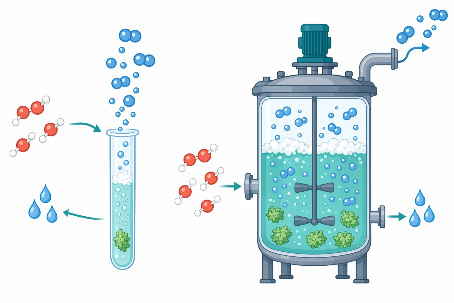 Visible bubbling in catalase tests and industrial streams represents oxygen released during hydrogen peroxide decomposition.