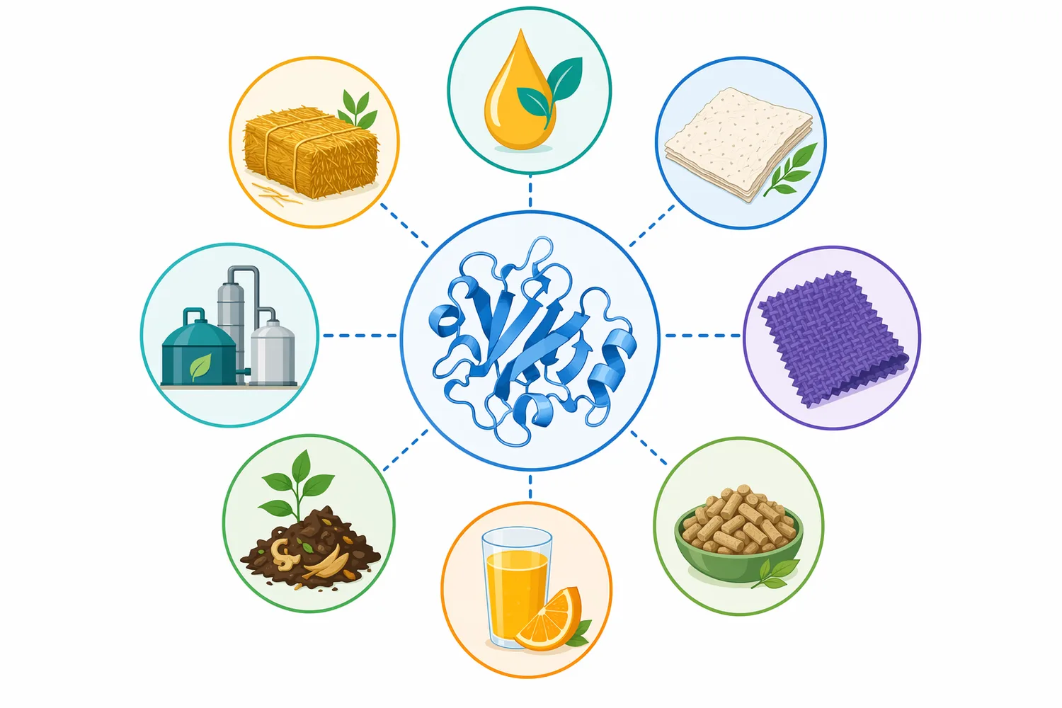 Cellulase-supported saccharification is relevant to residues such as straw, grasses, crop byproducts, invasive biomass, and fruit or vegetable pomace.