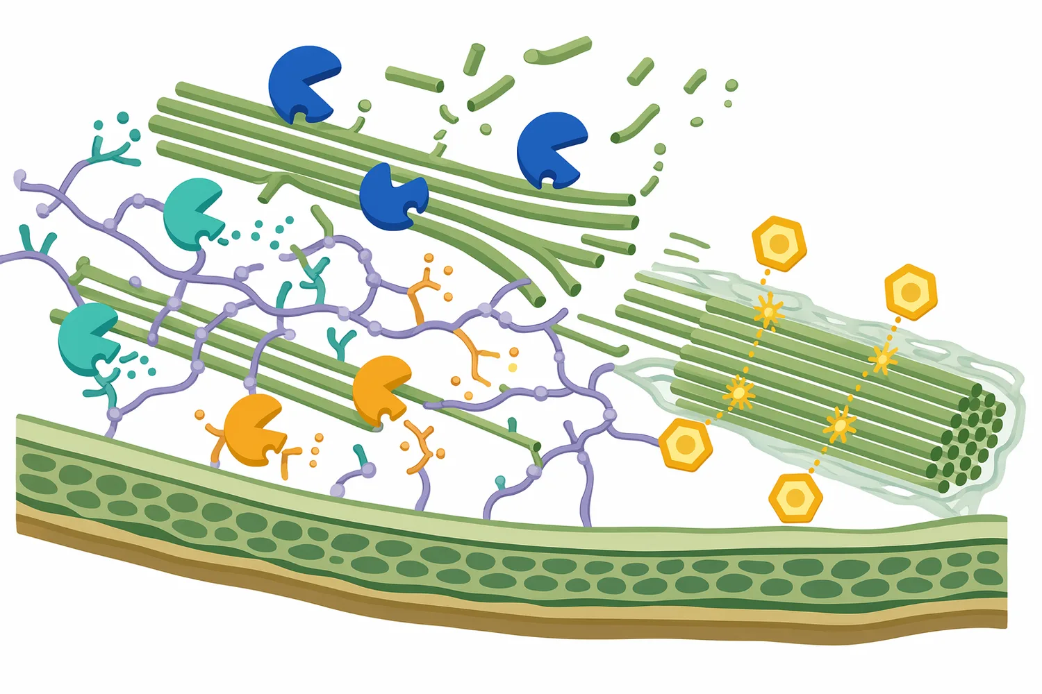 Accessory enzymes can improve cellulase effectiveness by loosening hemicellulose networks and helping overcome recalcitrant cellulose regions.