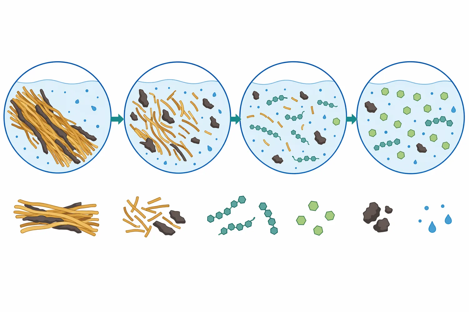 During cellulase hydrolysis, carbohydrate shifts from insoluble fiber into soluble oligosaccharides, cellobiose, and glucose in the liquid phase.