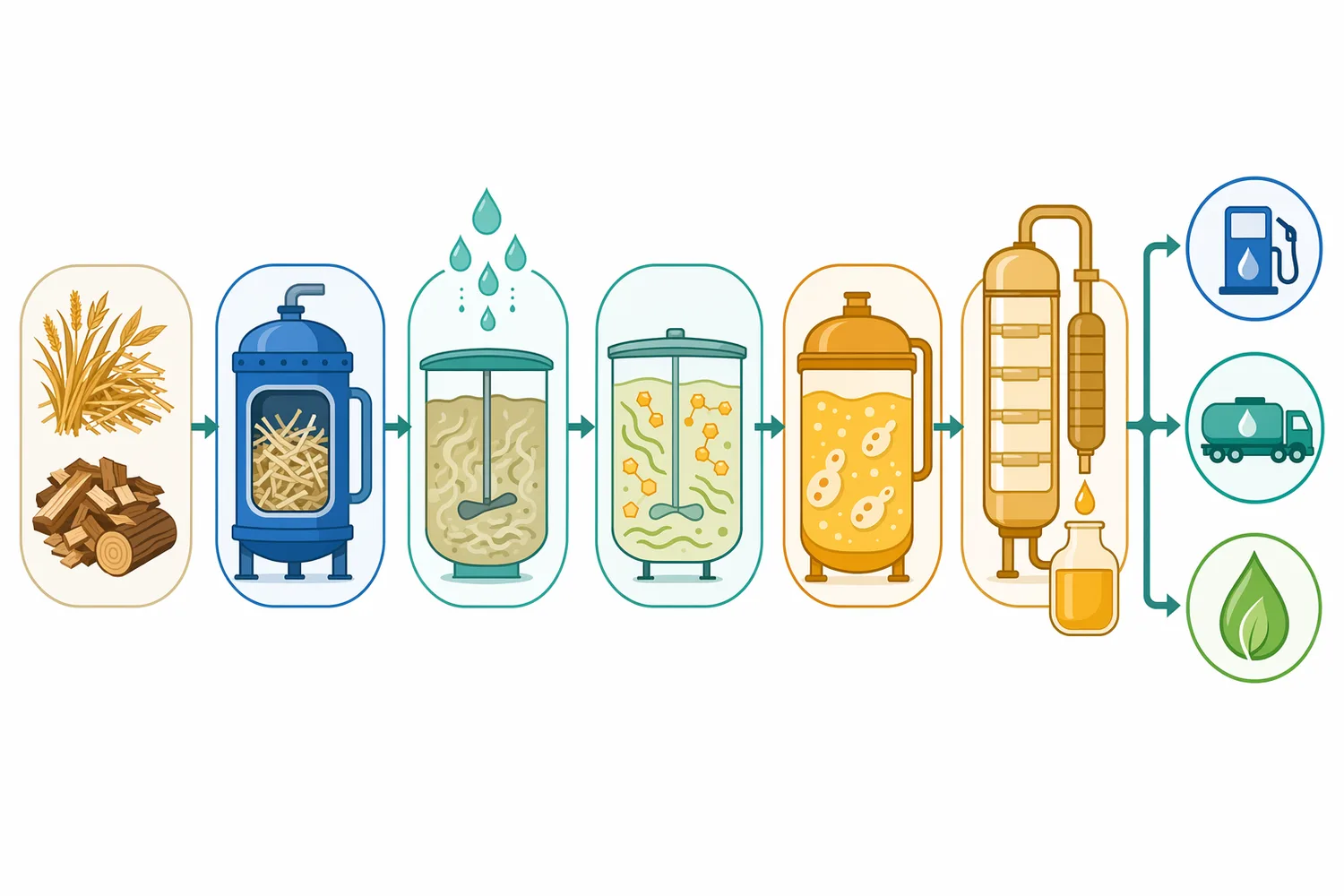 Cellulase is positioned between biomass pretreatment and fermentation, where it converts accessible cellulose into fermentable sugars.