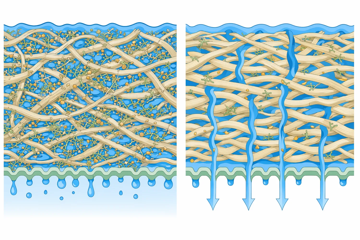 Cellulase can change fines, fibrils, fibre swelling, and pore structure in ways that alter drainage and water retention.