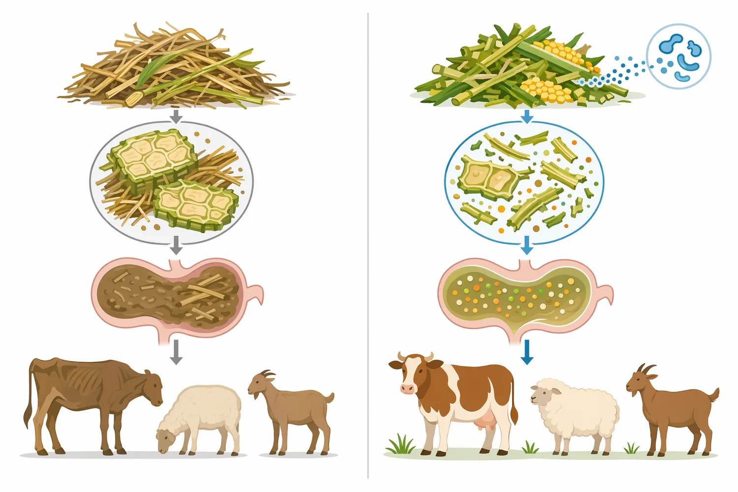 Feed enzymes are substrate-specific, with cellulase targeting cellulose while xylanase, β-glucanase, β-mannanase, phytase, and protease act on different feed components.
