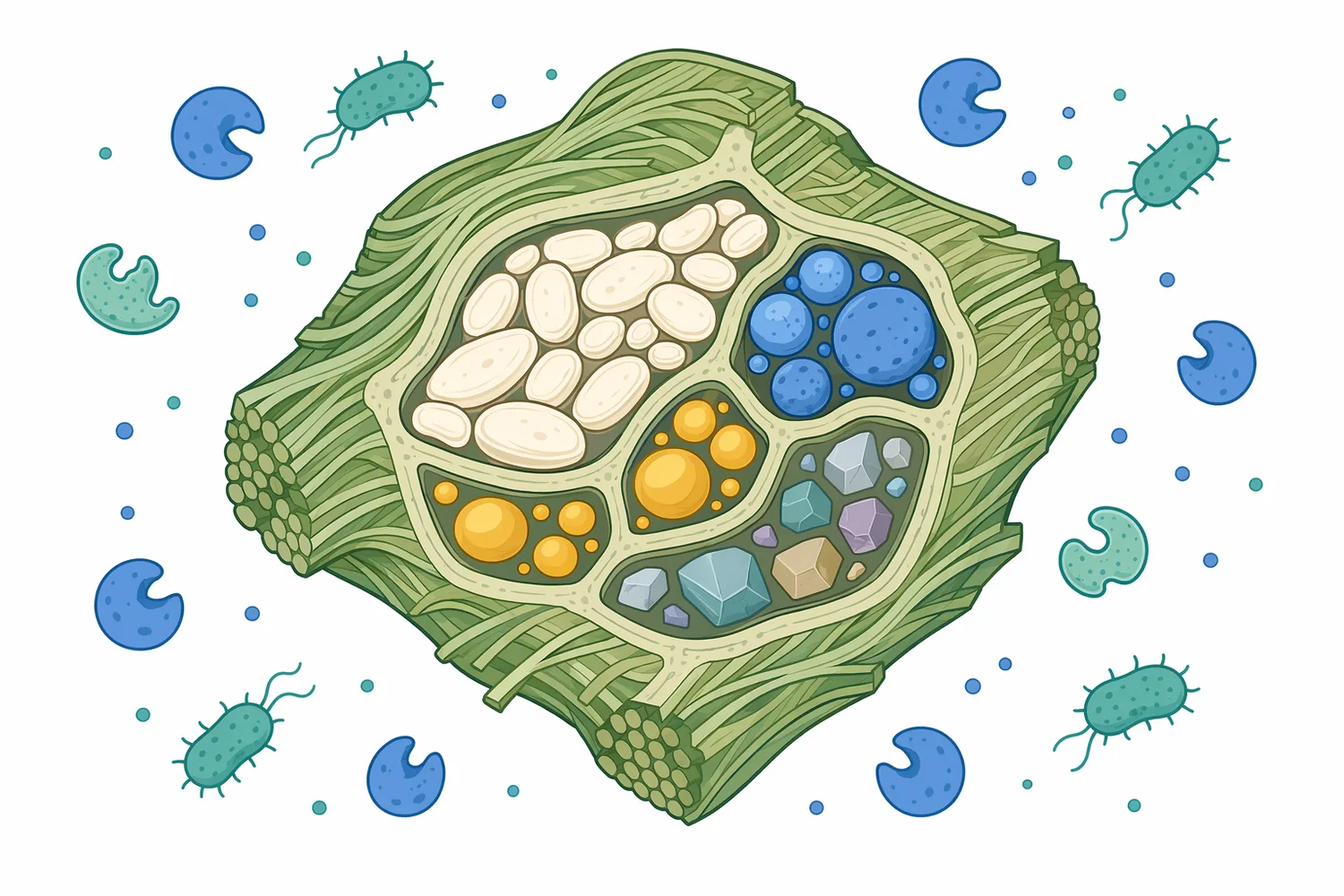 Cellulose-rich plant cell walls can physically limit access to nutrients inside fibrous feed particles.