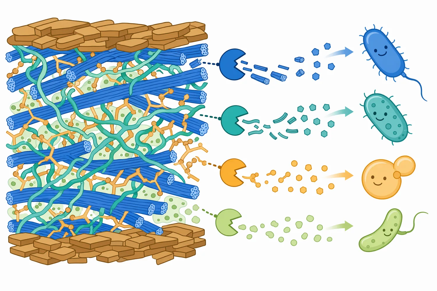 Cellulase often works alongside other enzymes or fermentation organisms because plant cell walls contain multiple interacting polymers.