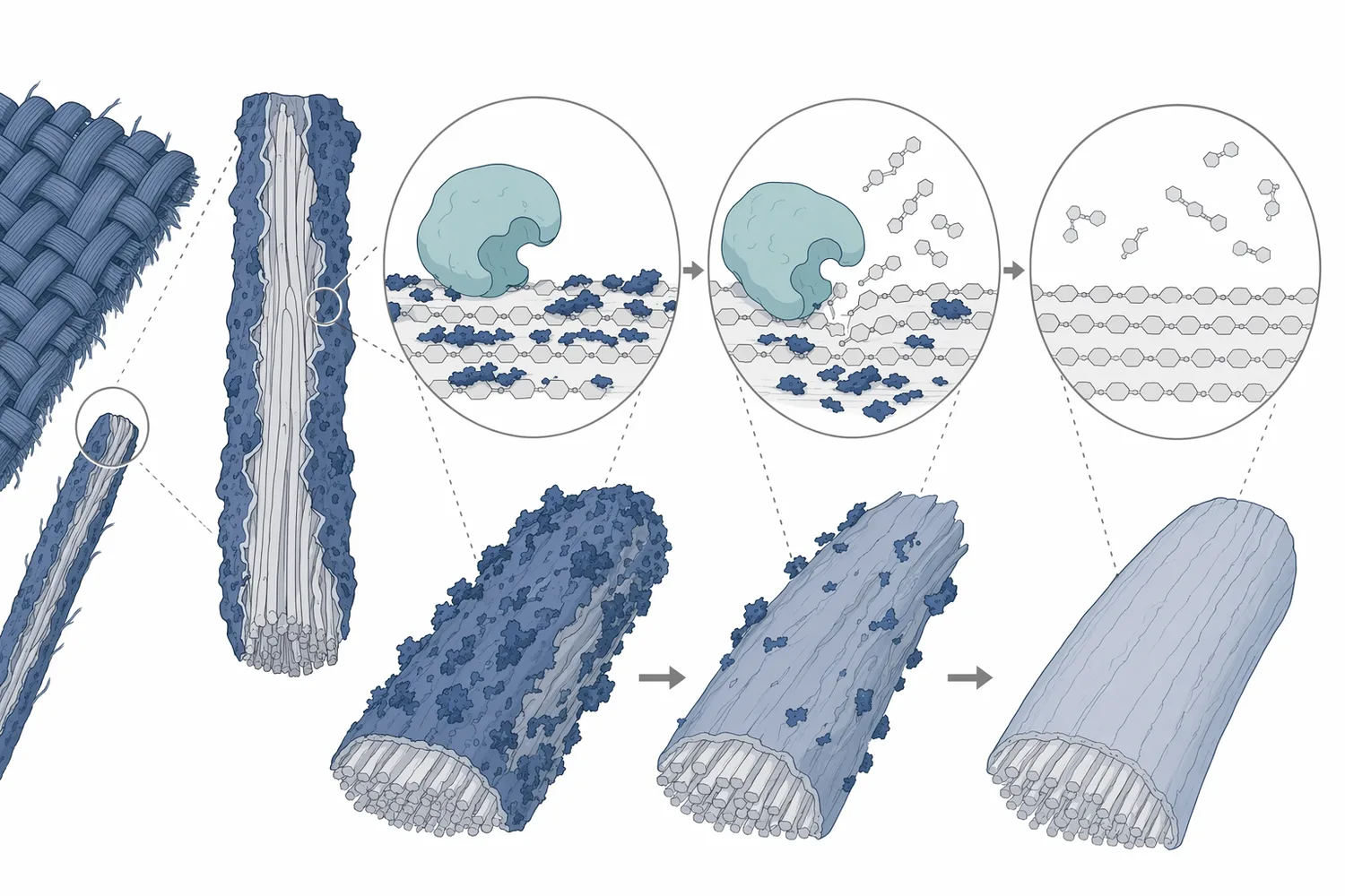 Cellulase acts at accessible cotton surface fibrils so mechanical tumbling can remove loosened cellulose and indigo-bearing material.