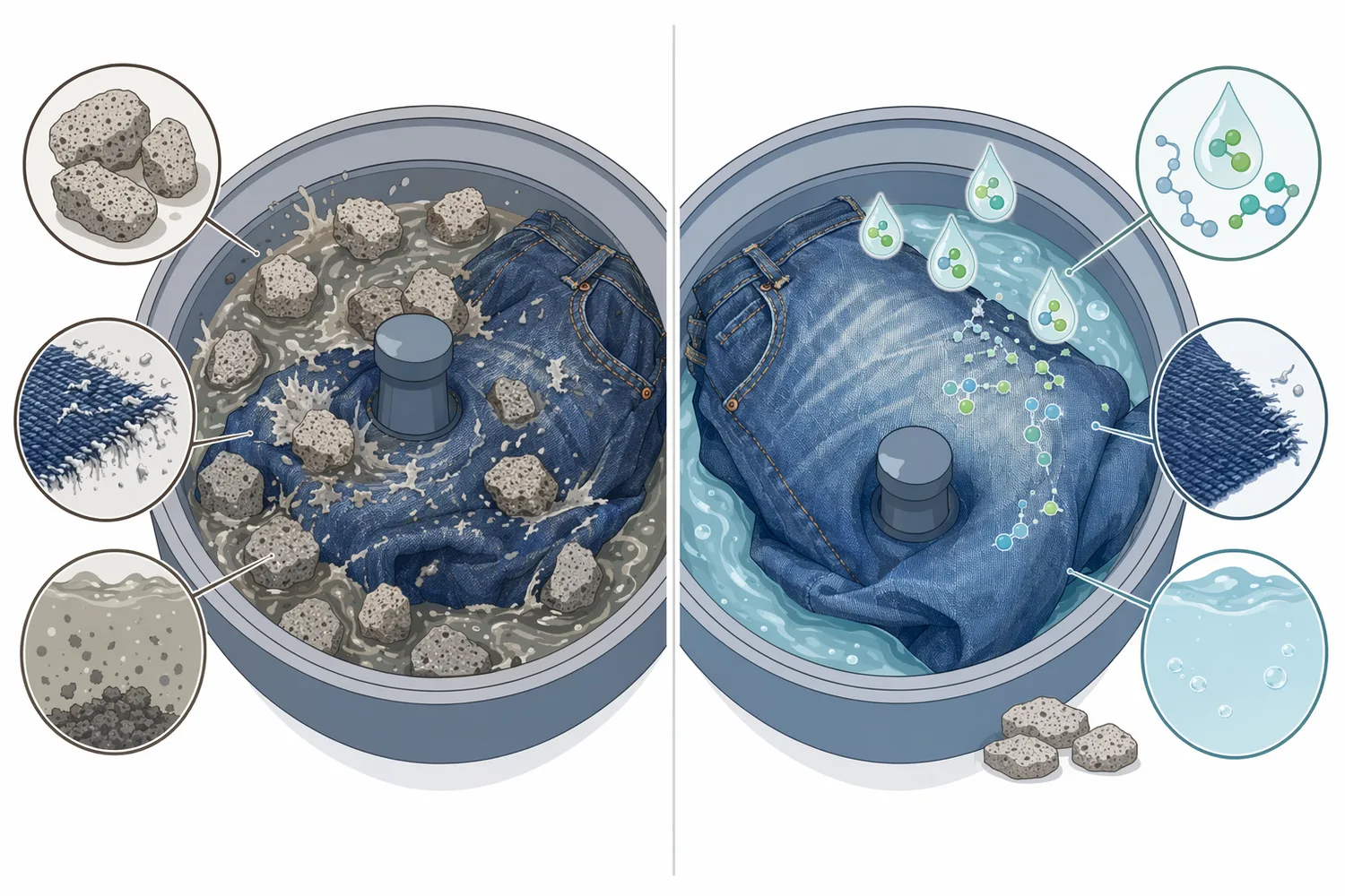 Pumice-only stone washing relies on hard mineral abrasion, while cellulase-assisted washing combines targeted surface hydrolysis with mechanical movement.