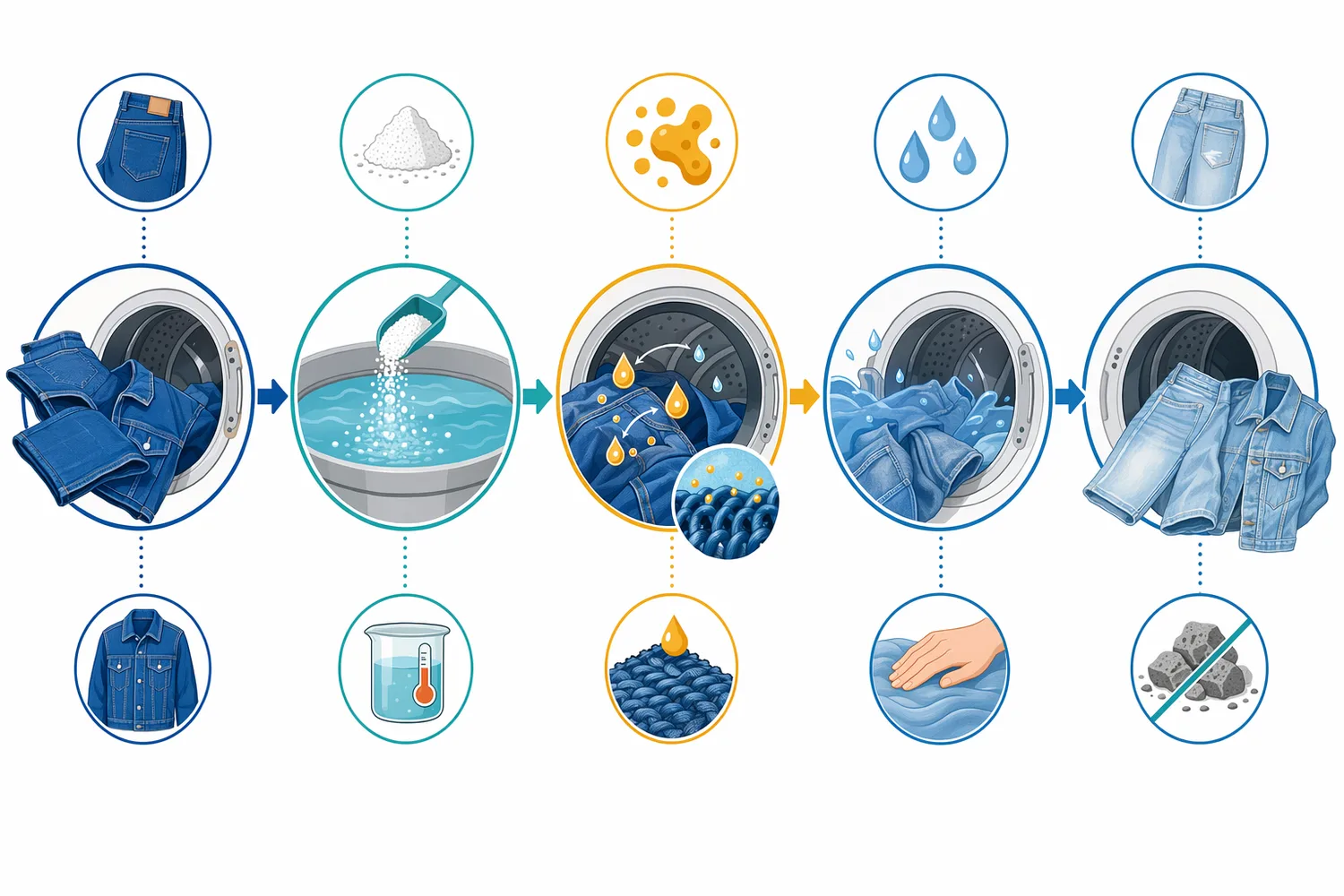 A cellulase stone wash is a wet mechanical sequence in which enzyme contact, tumbling, removal of loosened material, stopping, and rinsing must be controlled.