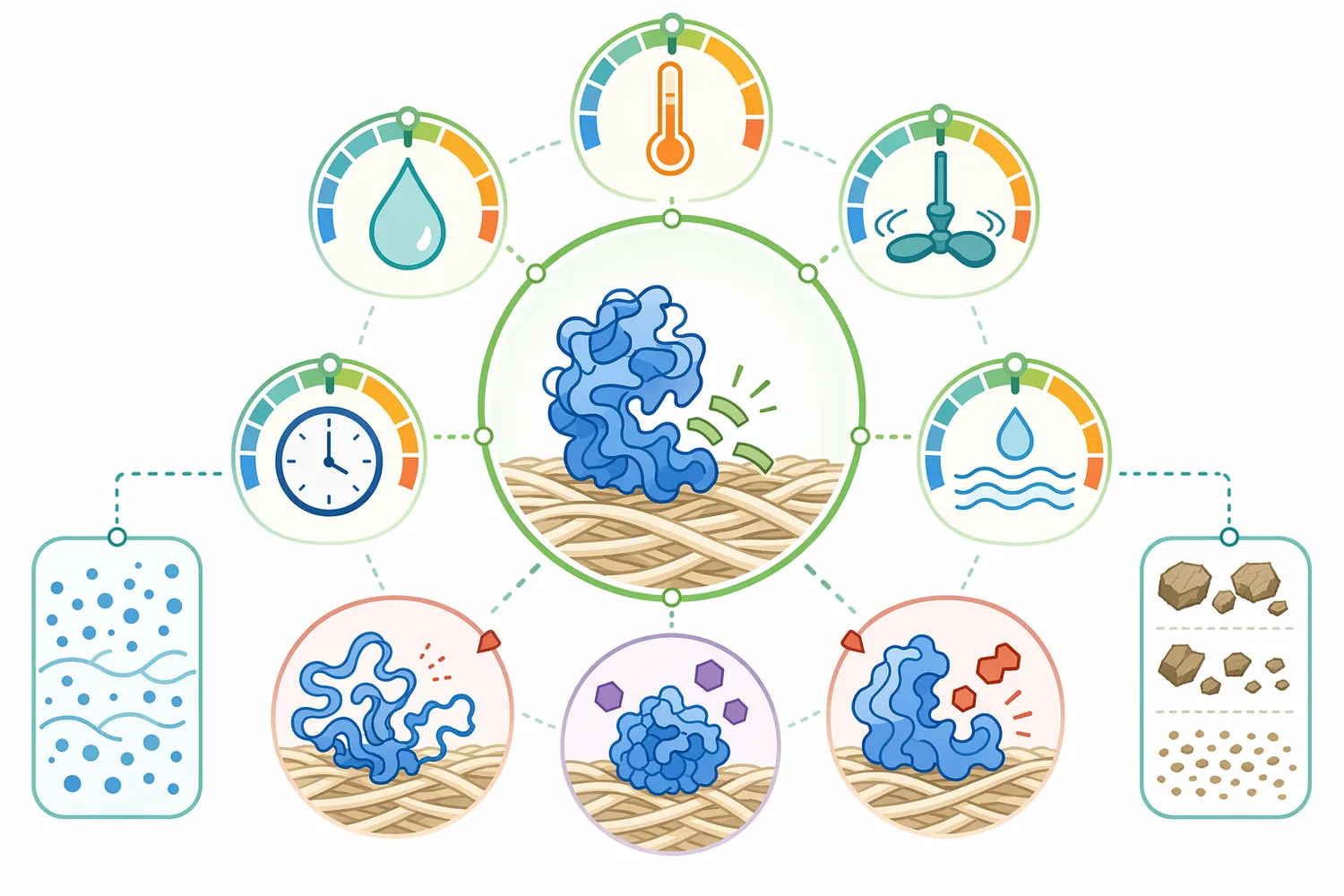 Cellulase performance depends on enzyme origin, substrate accessibility, pH, temperature, water, contact time, mixing, and inhibitory or supportive bath components.