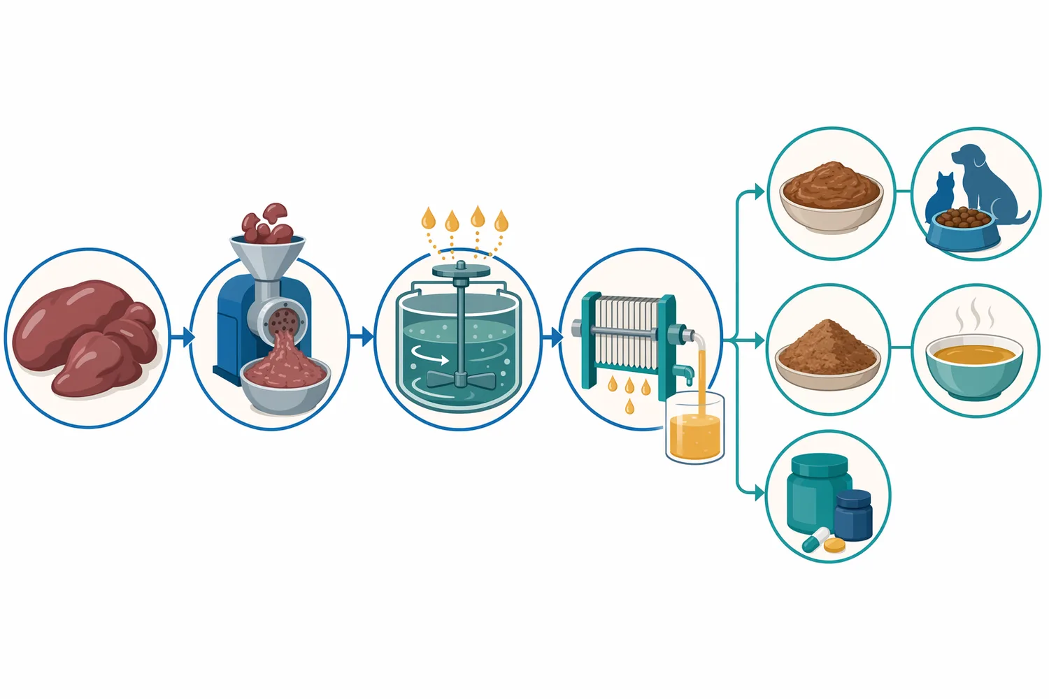 A typical process prepares an aqueous liver slurry, adjusts conditions, hydrolyzes with protease, inactivates the enzyme, separates insolubles, and concentrates or dries the hydrolysate.