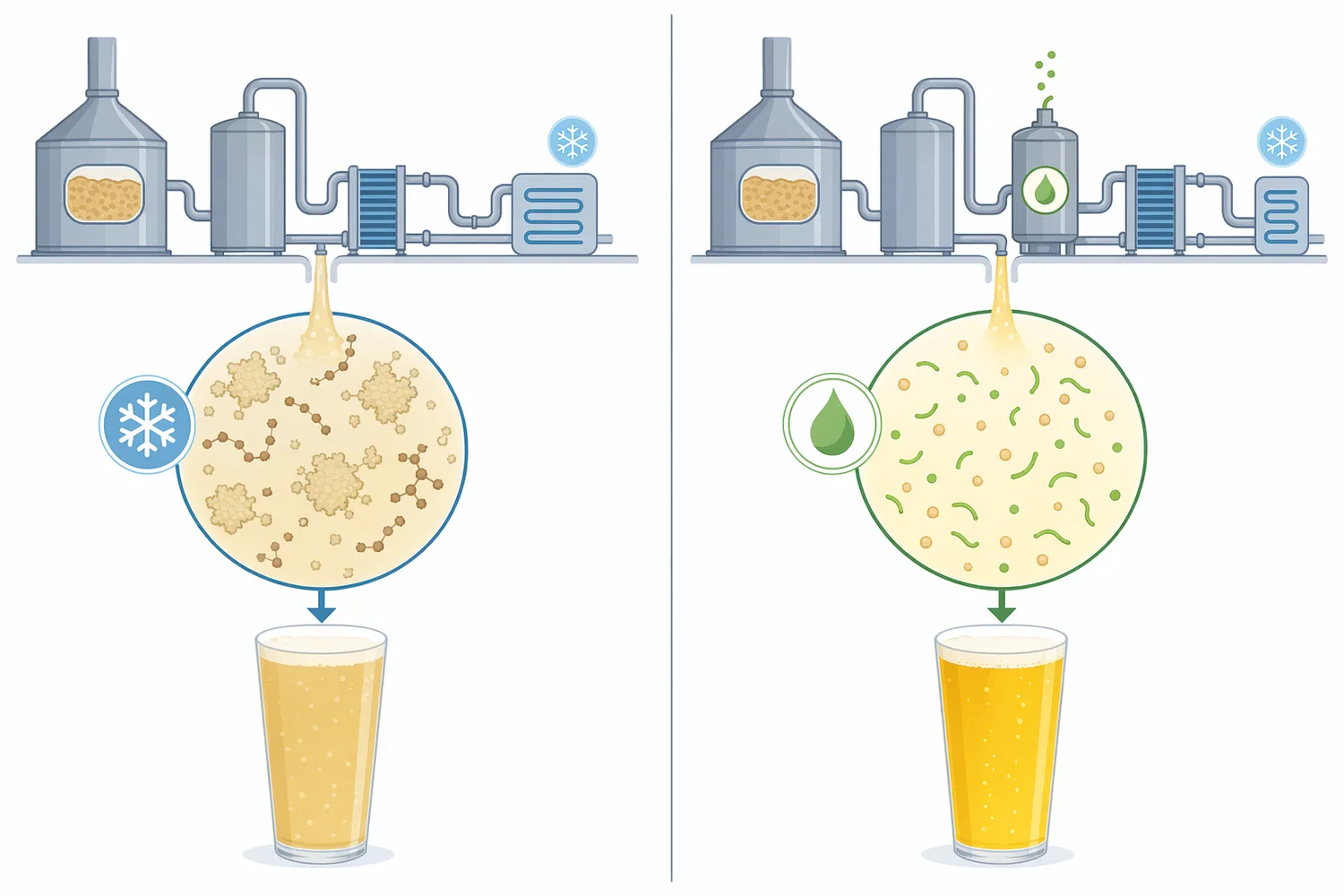 Compared with non-enzymatic stabilization alone, protease treatment directly lowers haze-active protein content while preserving beer brightness.