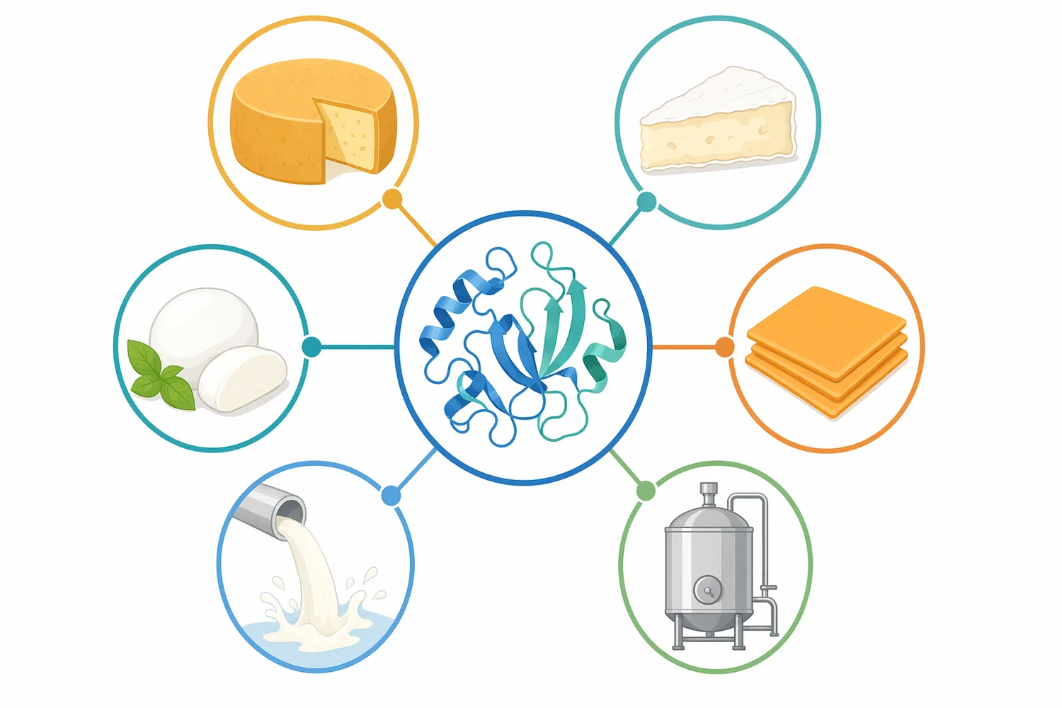Chymosin is used across fresh, soft, semi-hard, hard, ripened, and mozzarella-style cheese systems because it supplies the initial enzymatic coagulation step.