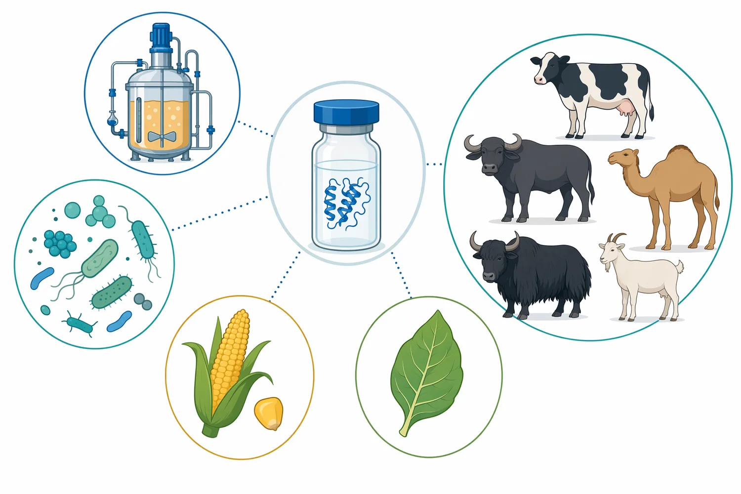 Research on chymosin includes multiple ruminant enzyme sources and expression platforms, although commercial suitability depends on production, regulatory, and cheese-performance factors.