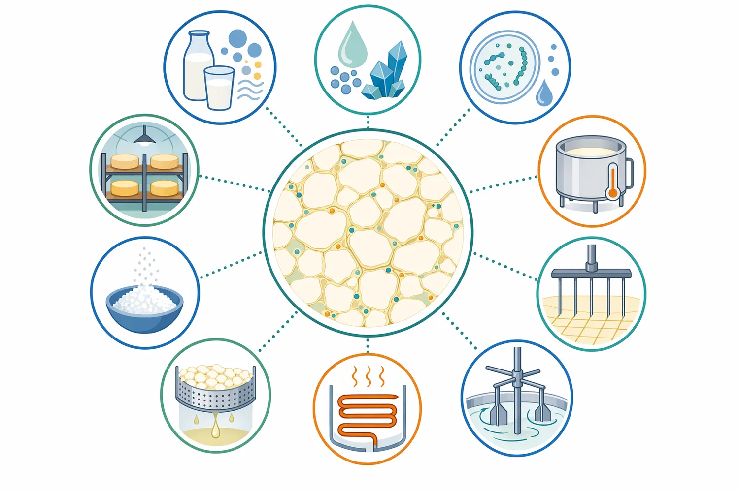 Chymosin provides the coagulation trigger, while milk composition, mineral balance, acidification, temperature, and mechanical handling determine final curd and cheese performance.