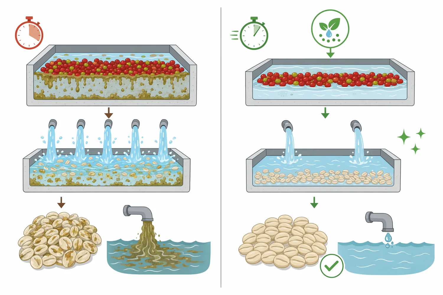 Compared with spontaneous fermentation, enzymatic demucilaging provides faster and more controllable removal of coffee mucilage.