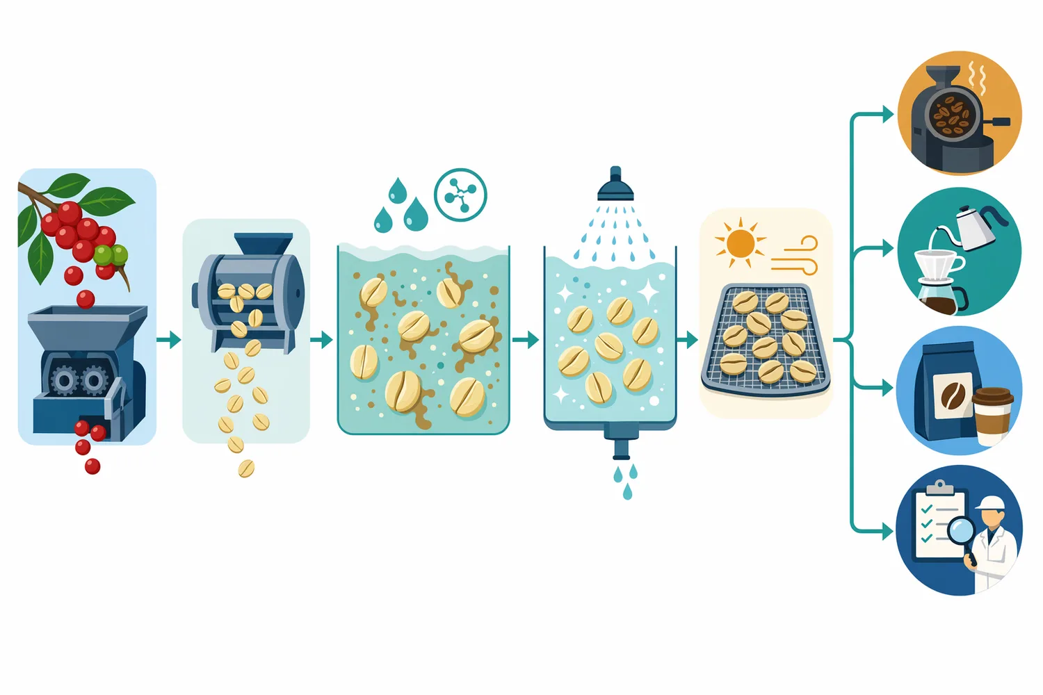 In wet coffee processing, enzymatic demucilaging is applied after pulping to shorten fermentation and improve mucilage removal before washing and drying.