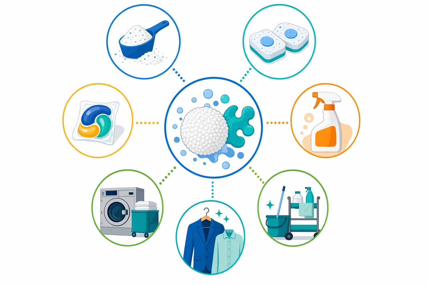 Relevant formulation targets include powder detergents, laundry tablets, stain-removal boosters, institutional laundry products, and chlorine-free low-temperature detergent concepts.