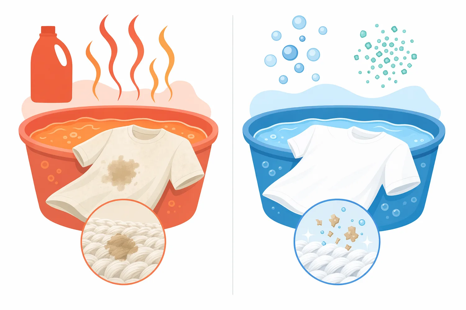 Detergent functions differ by mechanism, with enzymes hydrolyzing biological soils and activated oxygen bleach oxidizing chromophores and odor-associated residues.