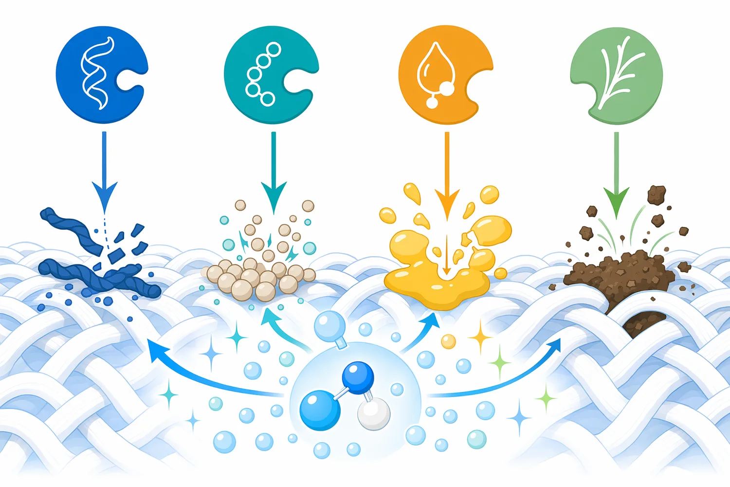 Cold-active detergent enzymes complement activated oxygen bleach by breaking down soil structures that can shield oxidizable stains.
