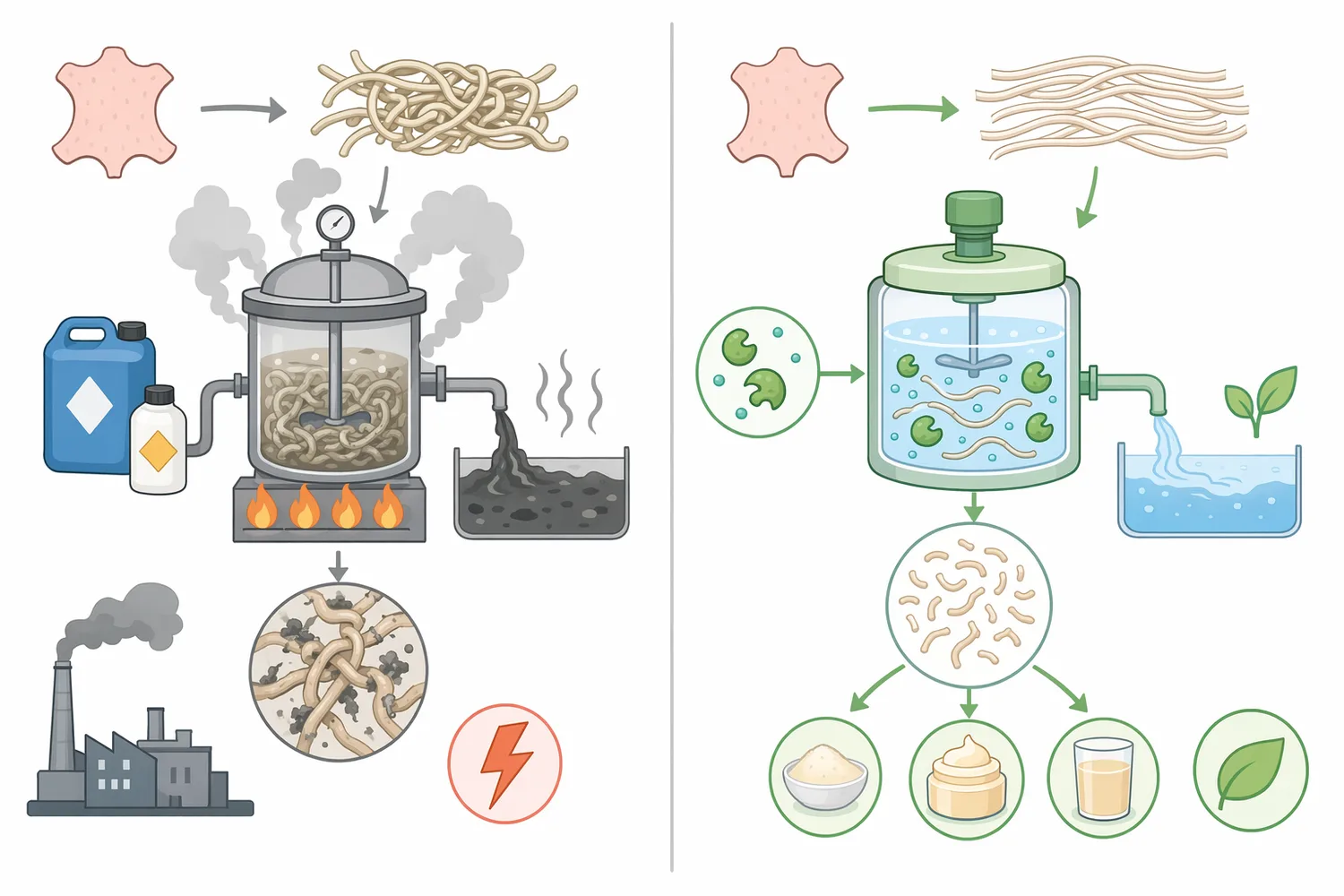 Fish skin, raw cowhide, and leather by-products differ in collagen accessibility, processing history, and whether the goal is peptide recovery or preservation of fiber strength.