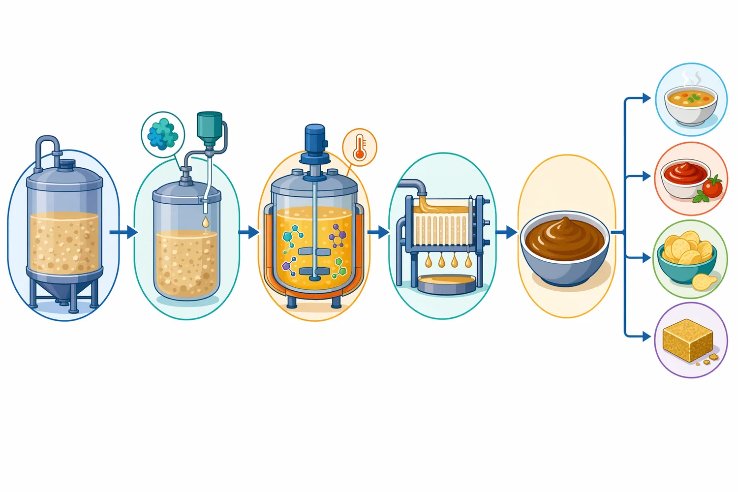 A typical process adds deaminase to yeast extract under mild heat and pH control before finishing the umami-rich seasoning ingredient.