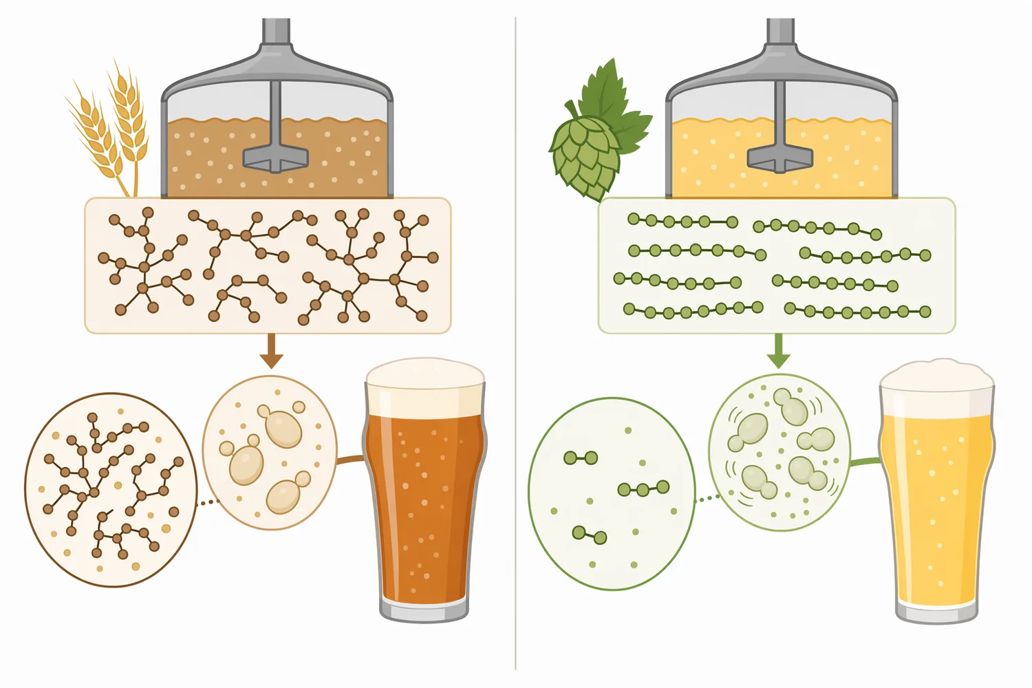 α-Amylase, β-amylase, glucoamylase, and debranching enzyme act on different starch bonds or chain positions and therefore play complementary roles in wort carbohydrate conversion.