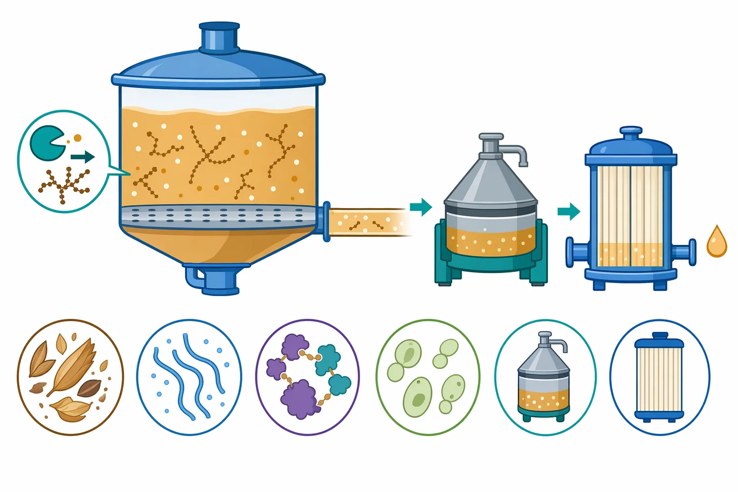 Debranching affects soluble carbohydrate structure upstream but does not replace lautering, centrifugation, filtration, or haze-control operations.
