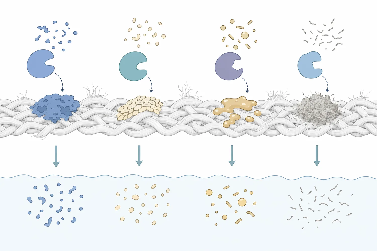 Detergent enzymes catalytically cut specific stain polymers into smaller fragments that surfactants, builders, water, and agitation can remove more easily.