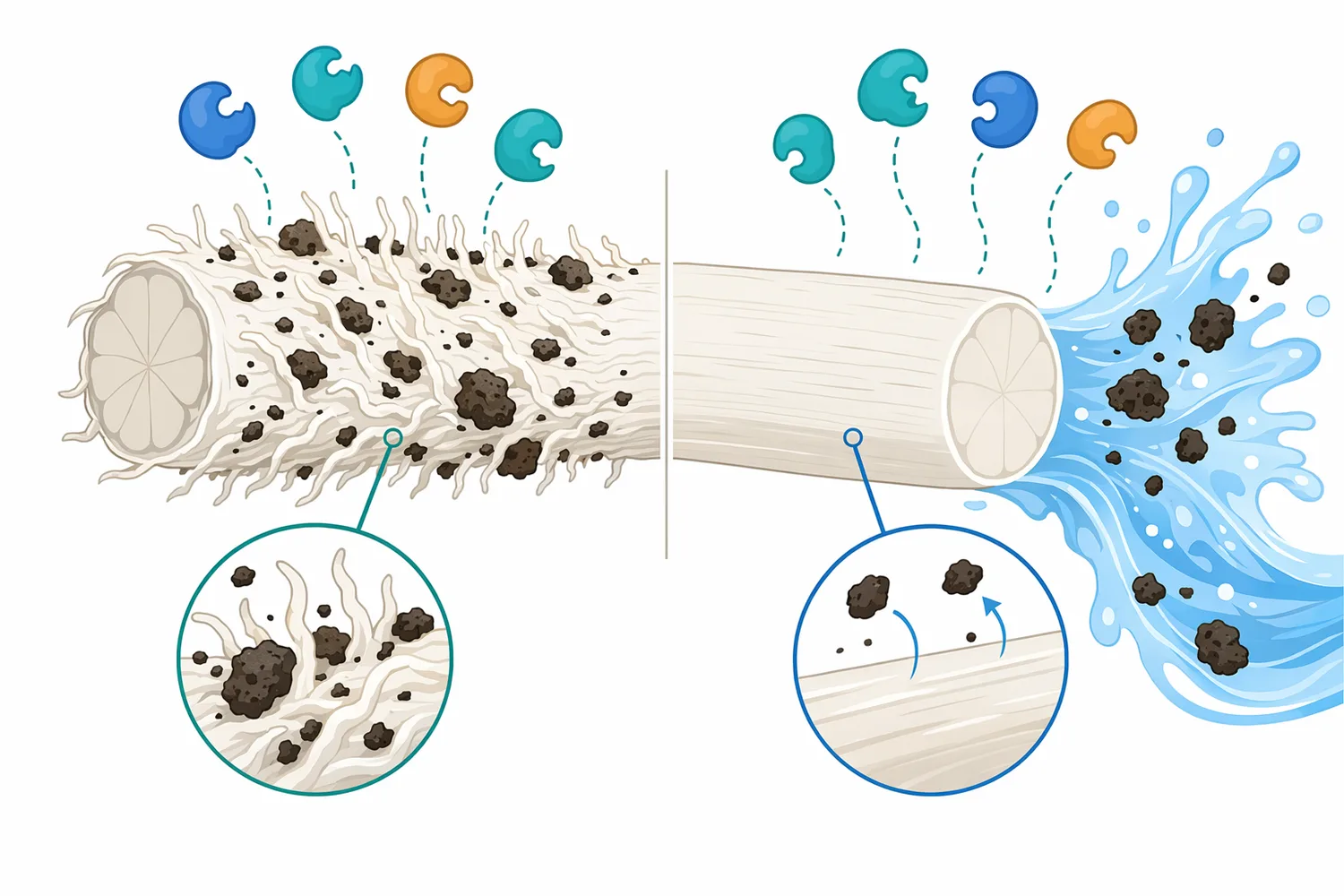 Cellulases can modify exposed cotton microfibrils to help release trapped particulate soil and improve fabric appearance.
